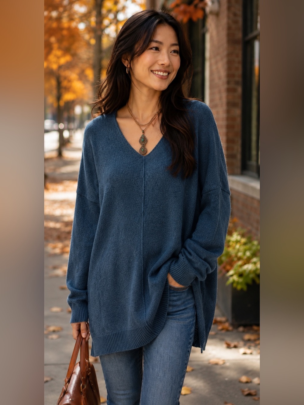 Dreamers M/L Blue V-Neck Tunic Sweater Lightweight Knit Long Sleeve